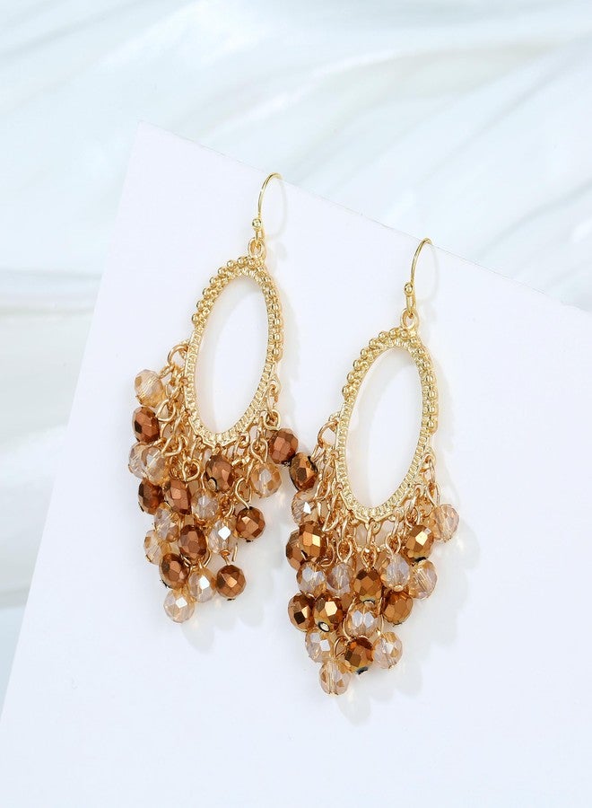 Xalroco Gold/Silver Oval Shape Dangle Earrings with Colorful Tier Beads, Vintage Handmade Geometric Drop Earrings with Crystal Beads Cluster Jewelry Gift for Women (brown) - Image 2